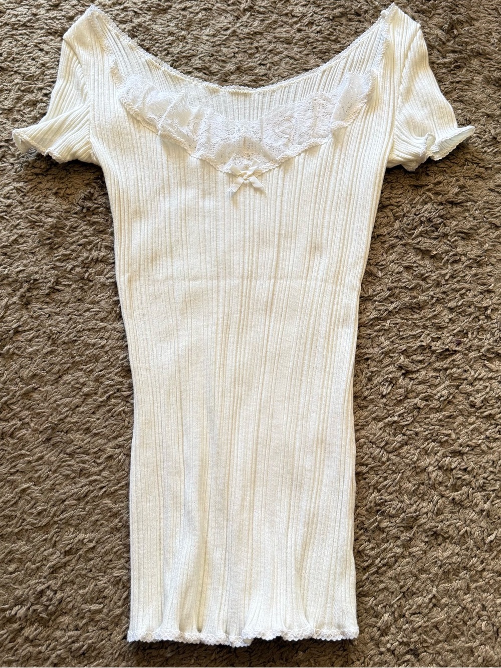 White Ribbed Lace-Trim Women's Small Long Top Vassarette Brand Y2K
